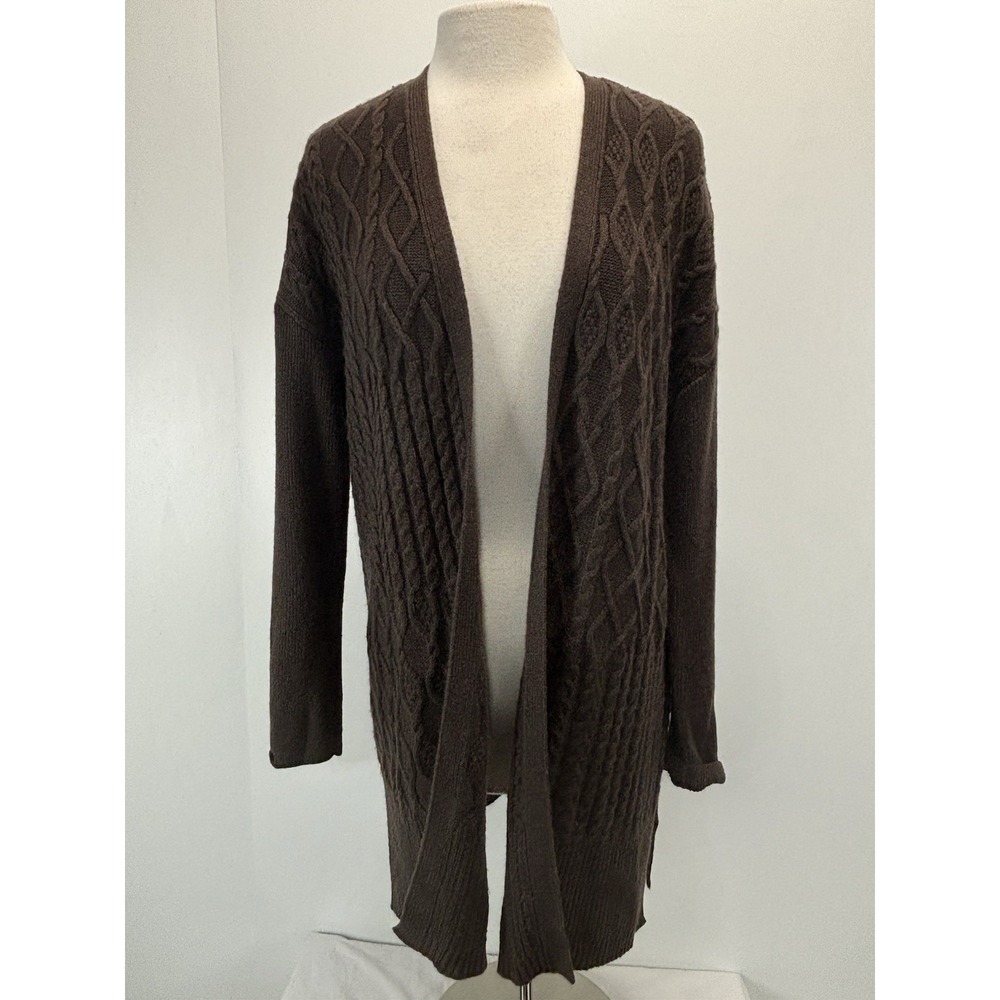 Chicos Cable Knit Cardigan Sweater Sz 3 US XL Womens Brown Open Front Fisherman